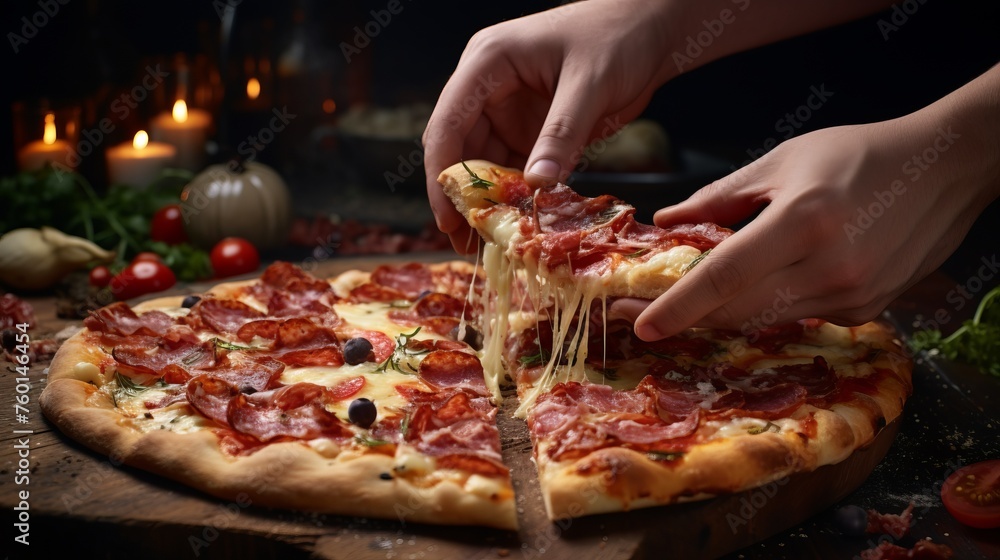 A classic scene of hands gently pulling apart a slice of pepperoni pizza, edging away from the whole pizza