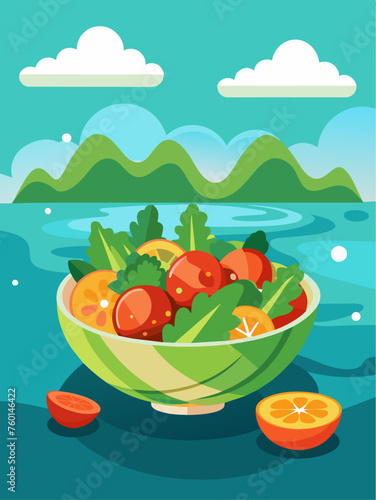 A crisp and refreshing salad lies atop a vibrant blue background, evoking the coolness of water.