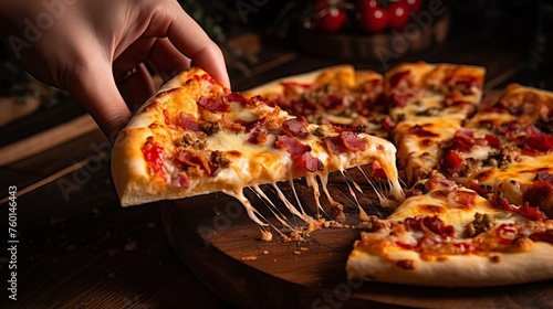 Savoring the moment, a hand reaches to take a slice from a fully loaded pizza with toppings