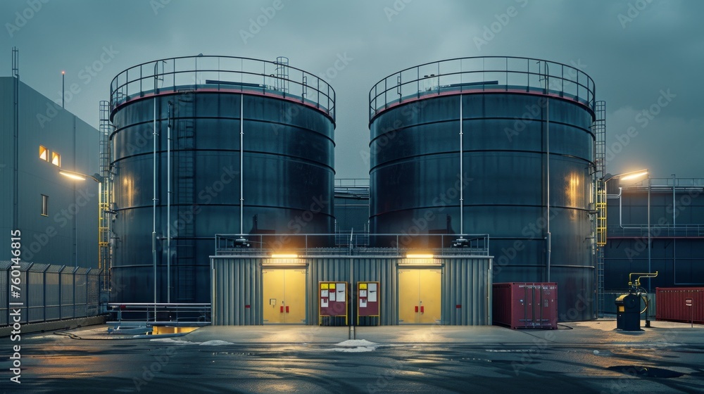 Majestic industrial tanks stand under a moody sky.