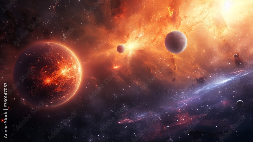 An awe-inspiring cosmic display featuring multiple planets engulfed in a vibrant nebula of orange and red hues