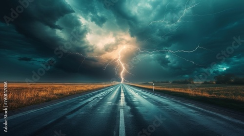 A captivating image capturing a moment where lightning fiercely strikes down over an empty road amidst a turbulent sky