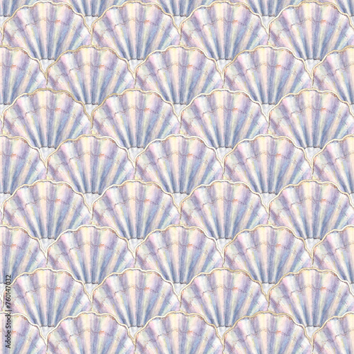 Watercolor sea shell seamless pattern. Hand drawn seashells texture vintage ocean background © Olga