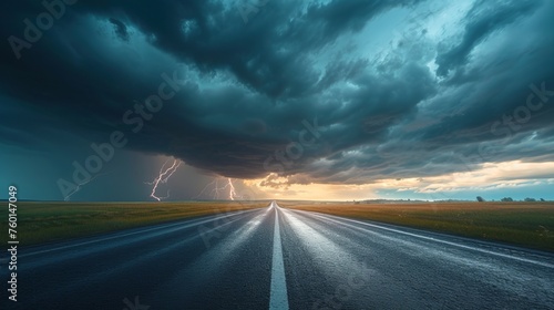 A dark, brooding sky unleashes a powerful thunderstorm over an empty country road, inspiring awe and fear