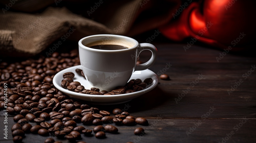 White cup filled with rich coffee on a saucer encircled by countless coffee beans White cup filled with rich coffee on a saucer encircled by countless coffee beans