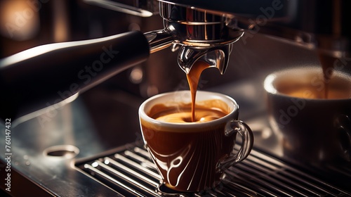 Close-up image capturing the rich flow of espresso as it pours from a professional machine into a ceramic cup