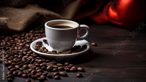 White cup filled with rich coffee on a saucer encircled by countless coffee beans