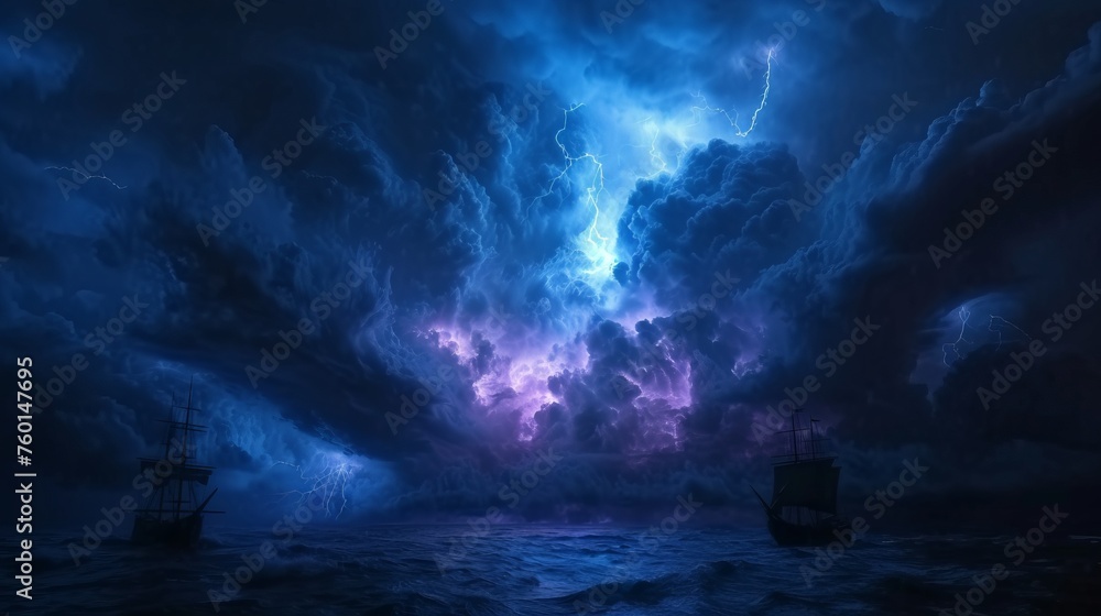 Captivating and ominous, this image illustrates a violent ocean storm with lightning bolts and ghostly ships braving the turbulent waters - obrazy, fototapety, plakaty 