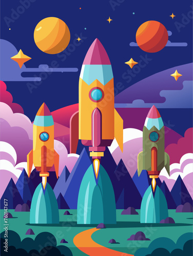Rockets soaring through a vibrant, gradient landscape of blues and purples.