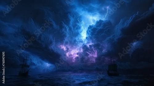 Captivating and ominous, this image illustrates a violent ocean storm with lightning bolts and ghostly ships braving the turbulent waters photo
