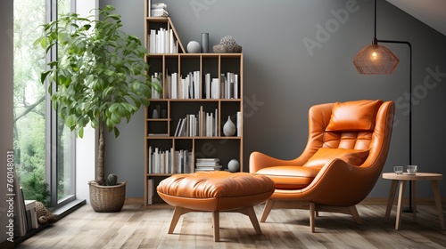 scandinavian bookcase with armchair in modern cozy interior of room. Home library with book shelf