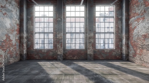 An industrial loft space with brick walls  and large windows casting light and shadows