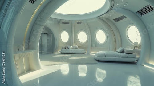 A modern, stylish bedroom design inside a sci-fi themed space with circular windows and sleek furniture © Hailie