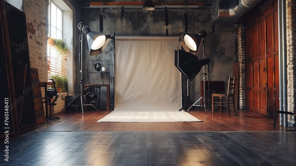 Fototapeta premium An empty professional photo studio with large windows, loft style in a vintage industrial building