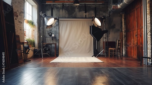An empty professional photo studio with large windows, loft style in a vintage industrial building photo