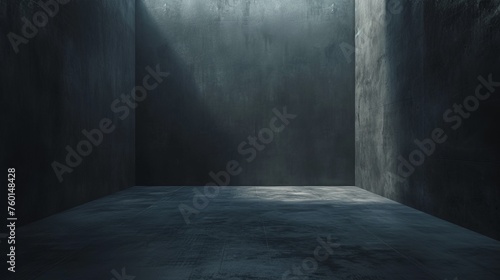A dark, moody room featuring textured concrete walls and a hint of light from above