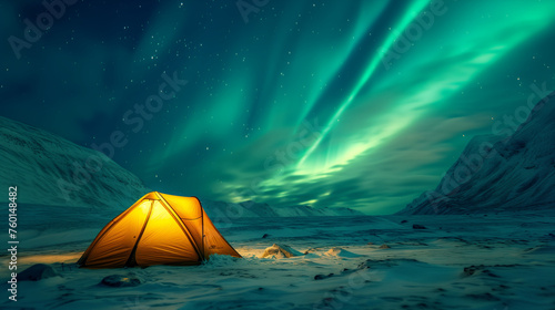 Świecący żółty namiot kempingowy pod piękną zieloną zorzą polarną. Podróży przygoda krajobraz tło. Kompozyt fotograficzny.