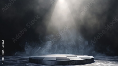An abstract representation with a round chessboard in a spotlight simulating a strategic or mental challenge