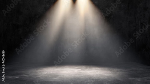 Two concentrated beams of light piercing the darkness of a gloomy, enclosed space photo
