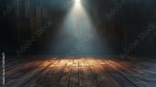 A spotlight shines down onto aged wooden floorboards, creating an atmospheric and moody setting