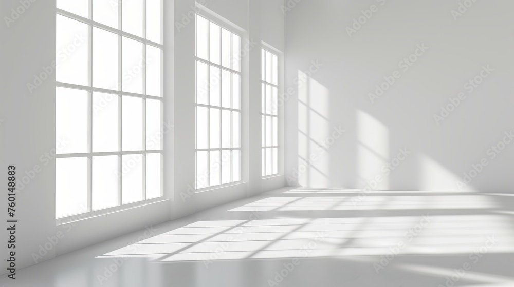 A bright, spacious room with large windows casting soft shadows on the white walls and floor for a serene setting A bright, spacious room with large windows casting soft shadows on the white walls and floor for a serene setting