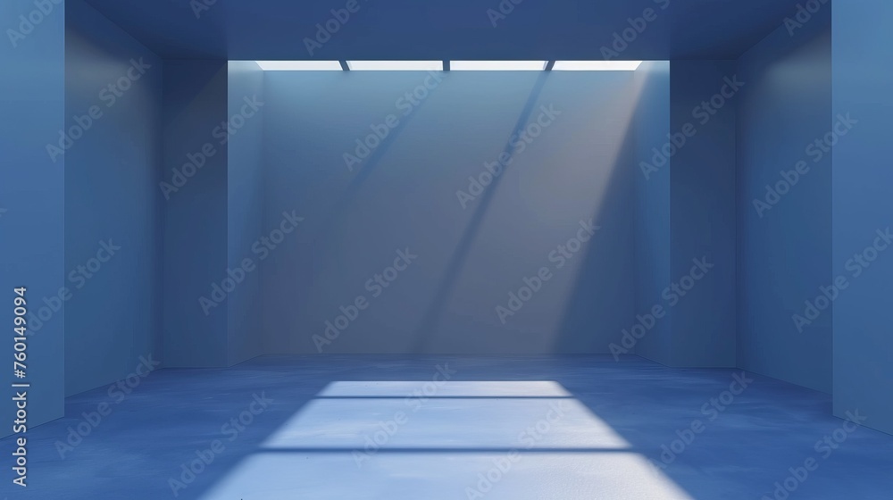 A tranquil and calming blue interior room highlighted by sunlit shafts filtering through the modern skylight above A tranquil and calming blue interior room highlighted by sunlit shafts filtering through the modern skylight above