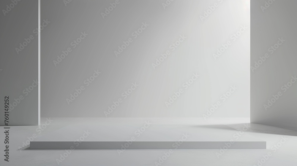 Perfectly minimalistic white room featuring a small podium, ideal for product displays and modern design Perfectly minimalistic white room featuring a small podium, ideal for product displays and modern design
