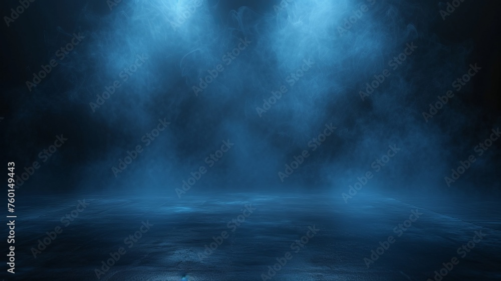 Captivating image of mysterious blue fog spreading across a dark, empty space, provoking imagination