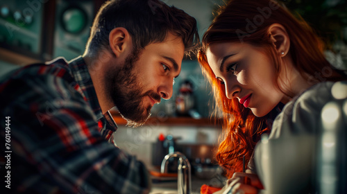 A couple enjoys a cozy moment in a sunlit kitchen, their chemistry and connection evident in their affectionate glances.