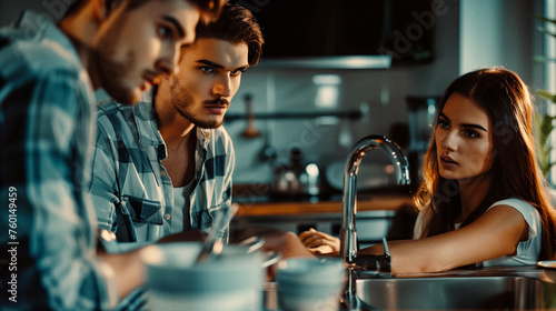 A trio of friends enjoy a cozy moment in a sunlit kitchen, their chemistry and connection evident in their affectionate glances and teamwork.