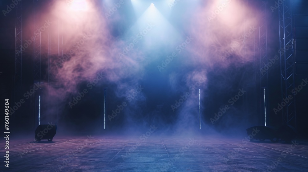 Fototapeta premium A vibrant image of a stage setup with brilliant blue lights and thick smoke, ready for a live performance or event