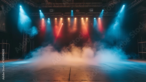 This dynamic image displays a concert stage set with red and blue lighting and smoke, capturing the excitement of a live show
