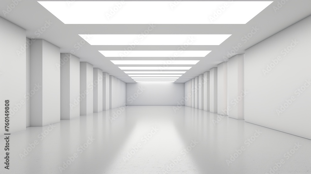 This image captures a bright, white hallway with symmetrically lined LED lights on the ceiling, reflecting on the glossy floor