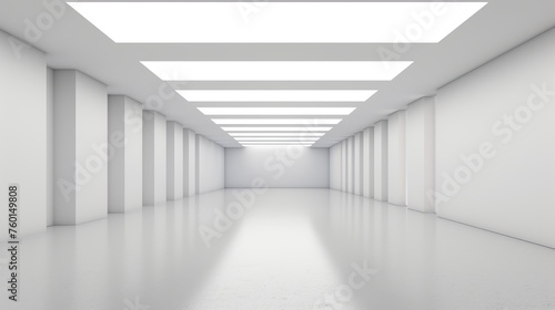 This image captures a bright  white hallway with symmetrically lined LED lights on the ceiling  reflecting on the glossy floor