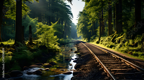 Forest trees and river along a railroad on an summer afternoon. Train tracks travel concept © VisualVanguard