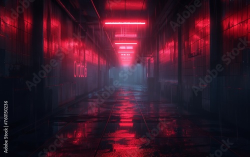 Surreal Photography of a hallway lined with 3D neon lights  dimly lit  fog