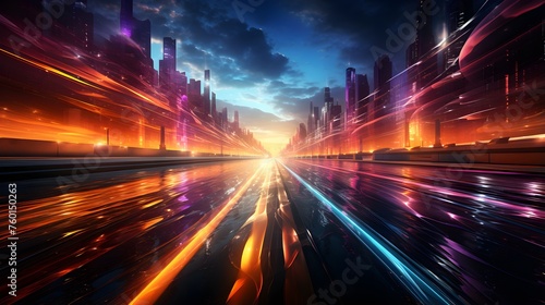 Futuristic illustration of colorful light trails with motion blur effect. Sci-fi sf space
