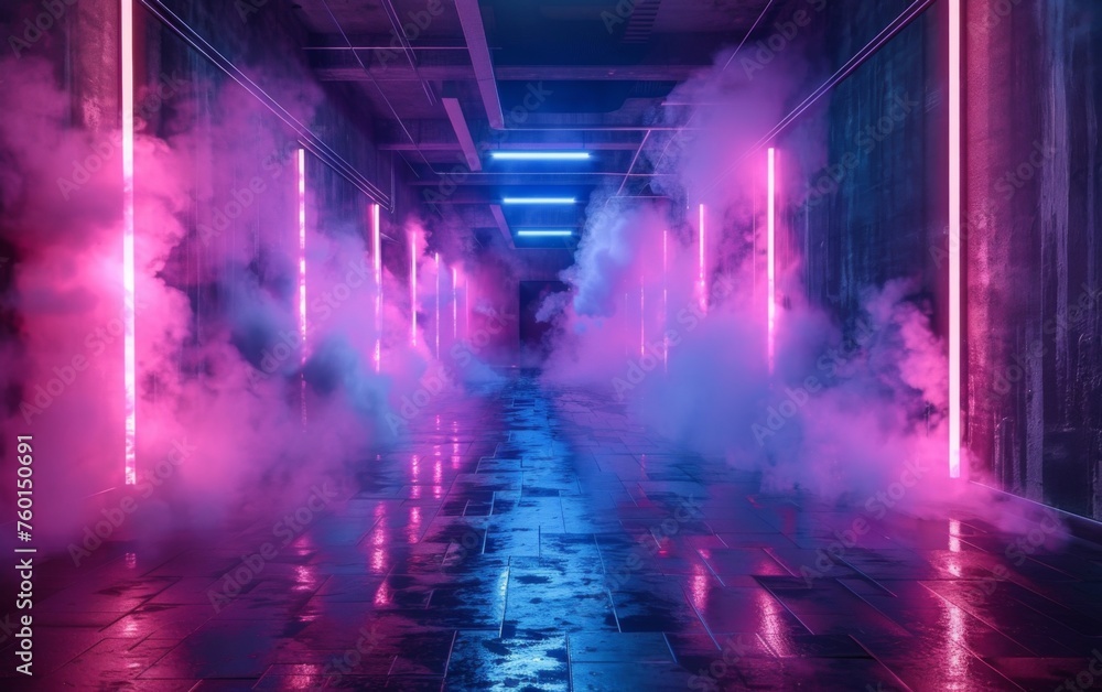Surreal Photography of a hallway lined with 3D neon lights, dimly lit, fog Surreal Photography of a hallway lined with 3D neon lights, dimly lit, fog