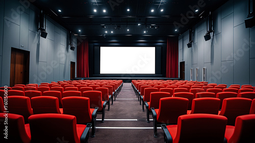Empty cinema hall with red chairs and transparent white screen