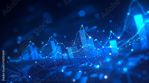 Abstract glowing big data forex candlestick chart on blurry city backdrop. Trade, technology, investment and analysis concept