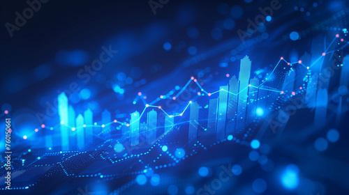 Abstract glowing big data forex candlestick chart on blurry city backdrop. Trade, technology, investment and analysis concept