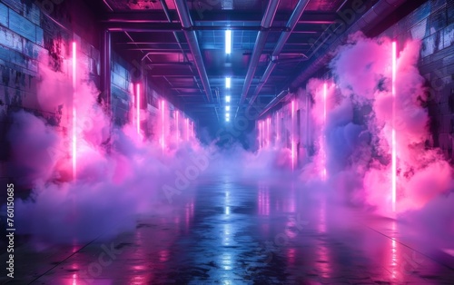 Surreal Photography of a hallway lined with 3D neon lights, dimly lit, fog