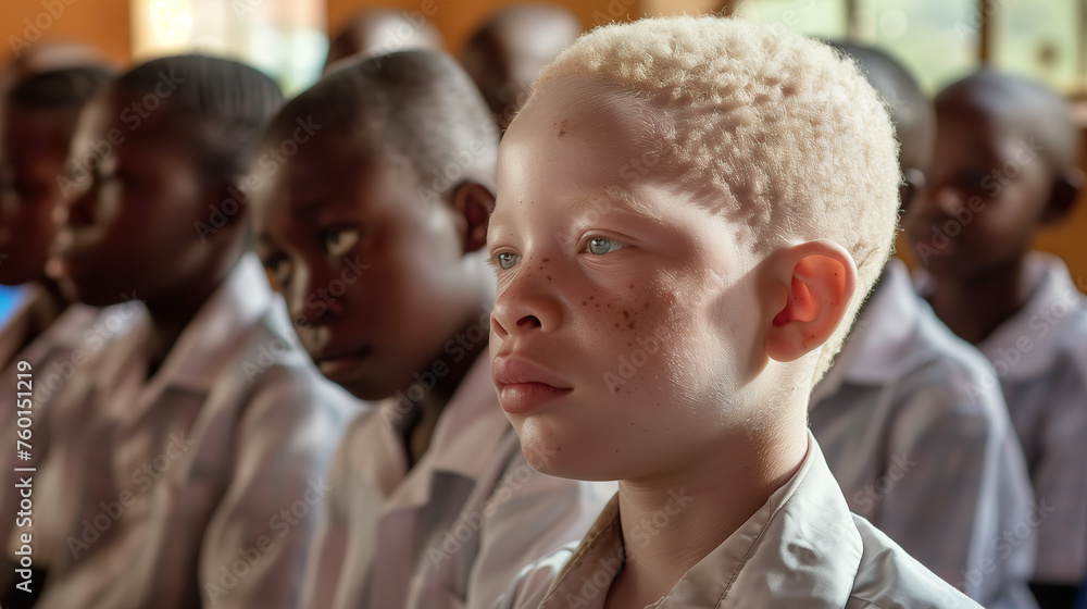 African Albino boy in a school classroom surrounded by his African friendsAlbinism is an inherited condition that leads to someone having very light skin, hair, and eyes African Albino boy in a school classroom surrounded by his African friendsAlbinism is an inherited condition that leads to someone having very light skin, hair, and eyes
