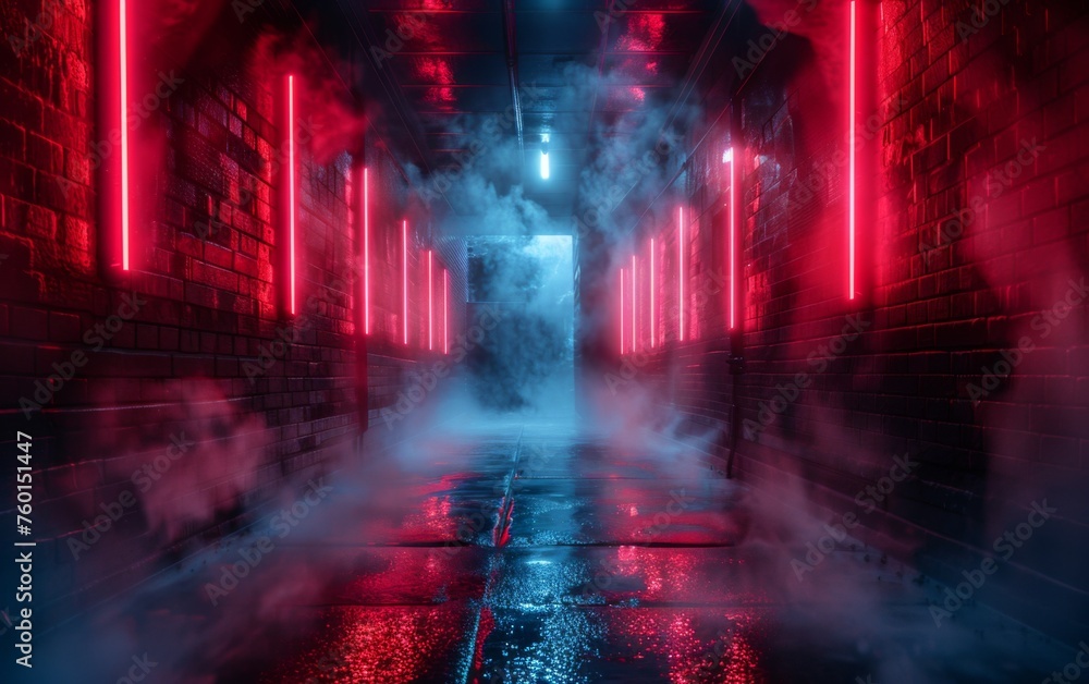 Obraz premium Surreal Photography of a hallway lined with 3D neon lights, dimly lit, fog