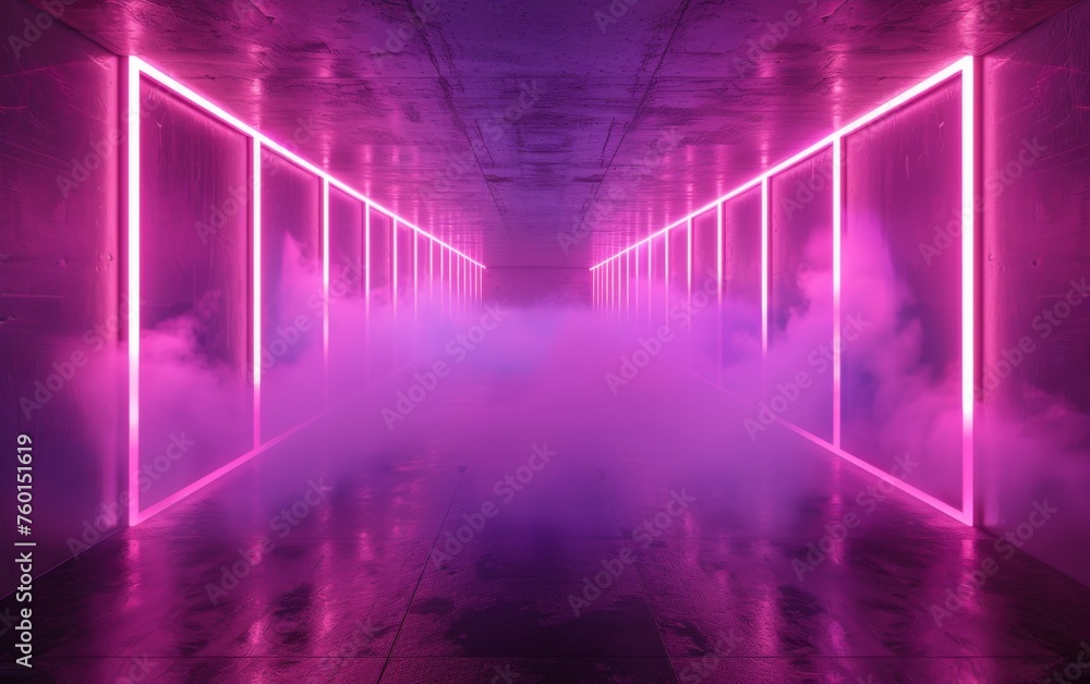 Surreal Photography of a hallway lined with 3D neon lights, dimly lit, fog Surreal Photography of a hallway lined with 3D neon lights, dimly lit, fog