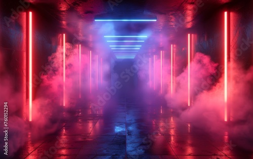 Surreal Photography of a hallway lined with 3D neon lights, dimly lit, fog © MUS_GRAPHIC