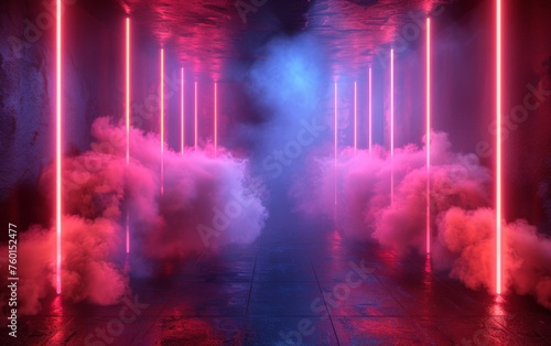 Surreal Photography of a hallway lined with 3D neon lights, dimly lit, fog © MUS_GRAPHIC