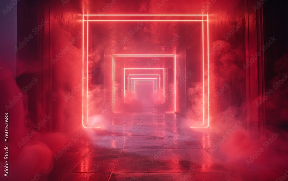 Surreal Photography of a hallway lined with 3D neon lights, dimly lit, fog Surreal Photography of a hallway lined with 3D neon lights, dimly lit, fog