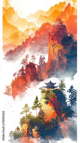 A painting of a mountain with a pagoda in the distance.
