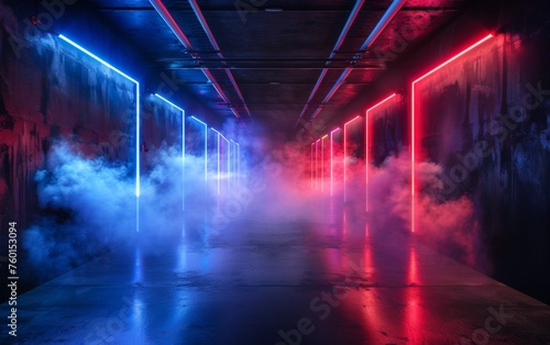 Surreal Photography of a hallway lined with 3D neon lights  dimly lit  fog